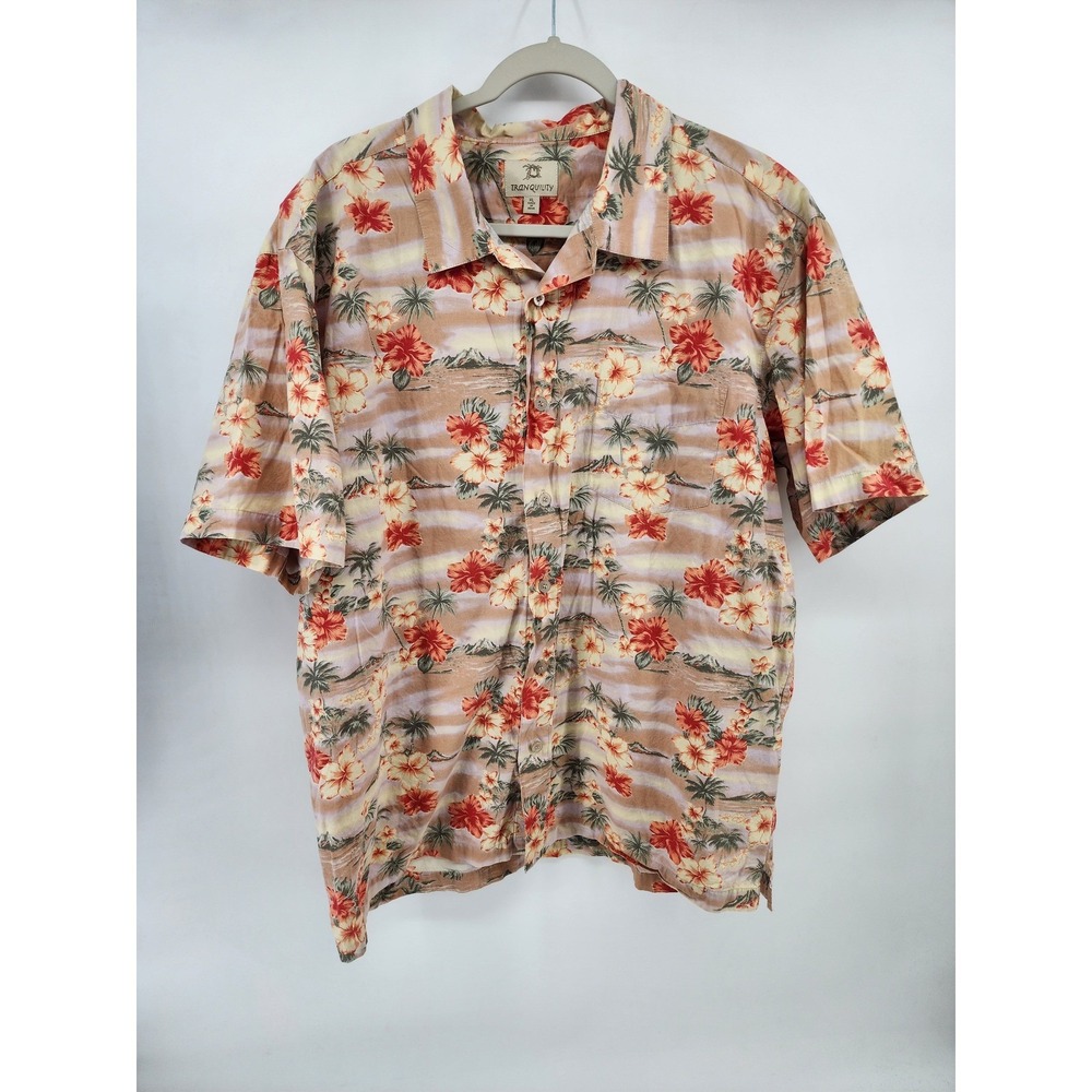 Tranquility Mens XL Hawaiian Shirt Brown Hibiscus Palm Tree Tropical Cotton